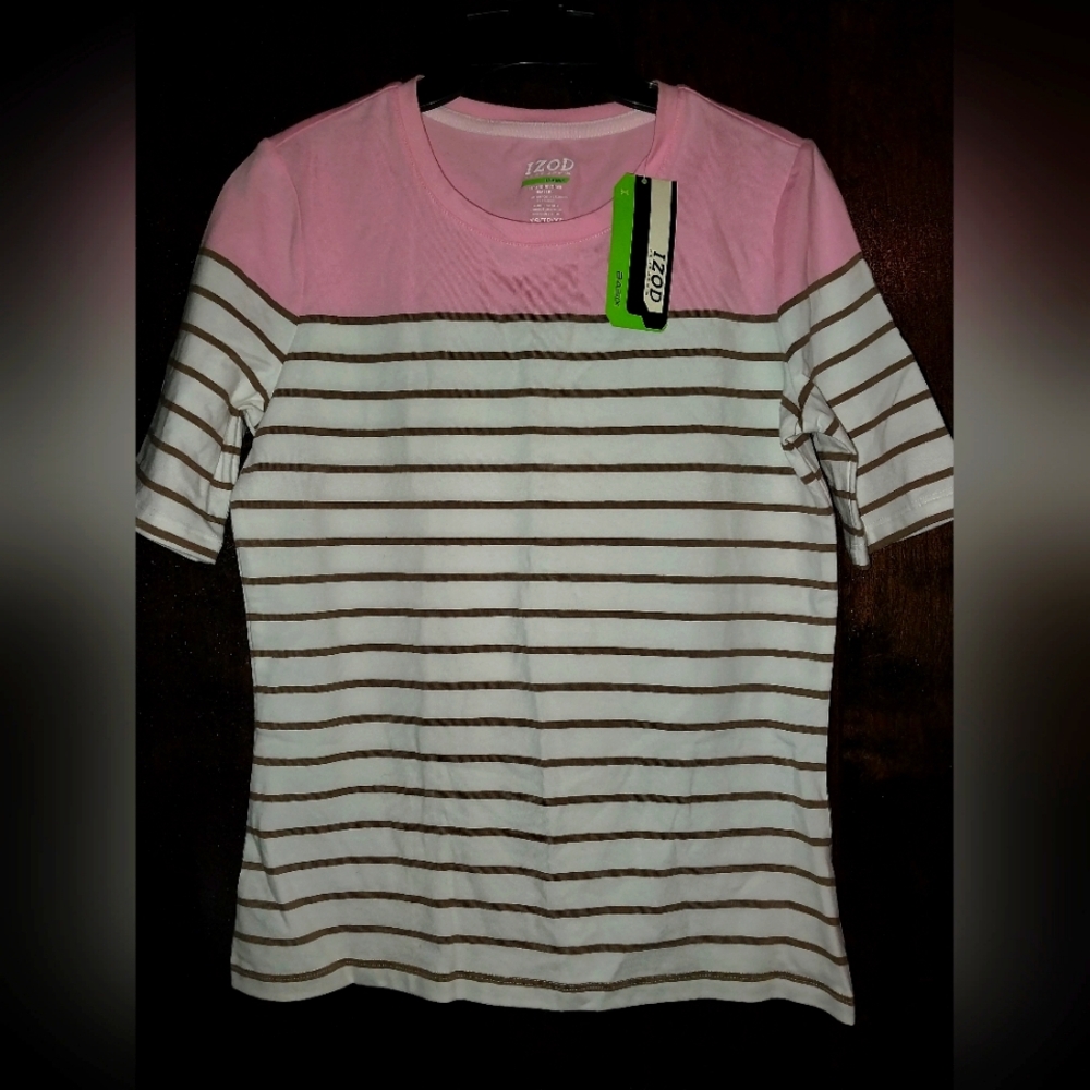 NWT IZOD Basix Pink and White Tee